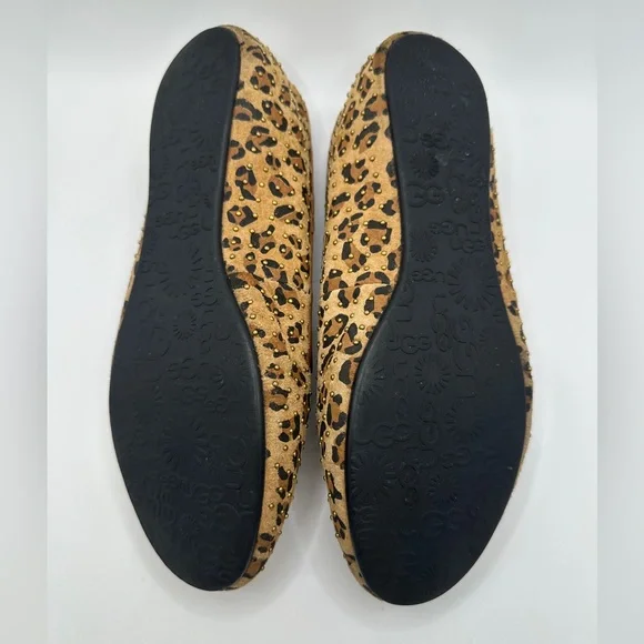 UGG Women's Leopard Print Tan Suede Slip-On Flats with Shearling - Picture 9 of 11